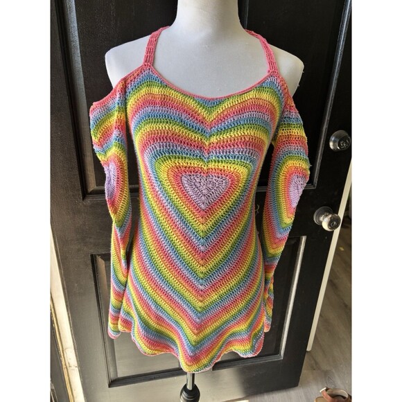 Rave Rainbow Crochet Clubwear Dress, Halter Long Sleeve Mini, Pastel Brights M - Picture 2 of 8